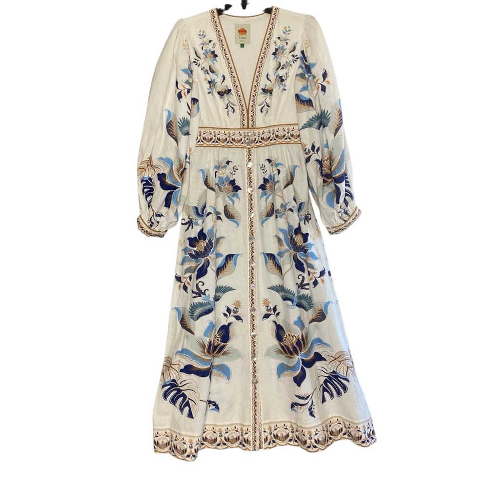 Farm Rio Mystic Blue Lotus Placed Print Long Sleeve Linen Blend Maxi Dress S - Picture 3 of 10